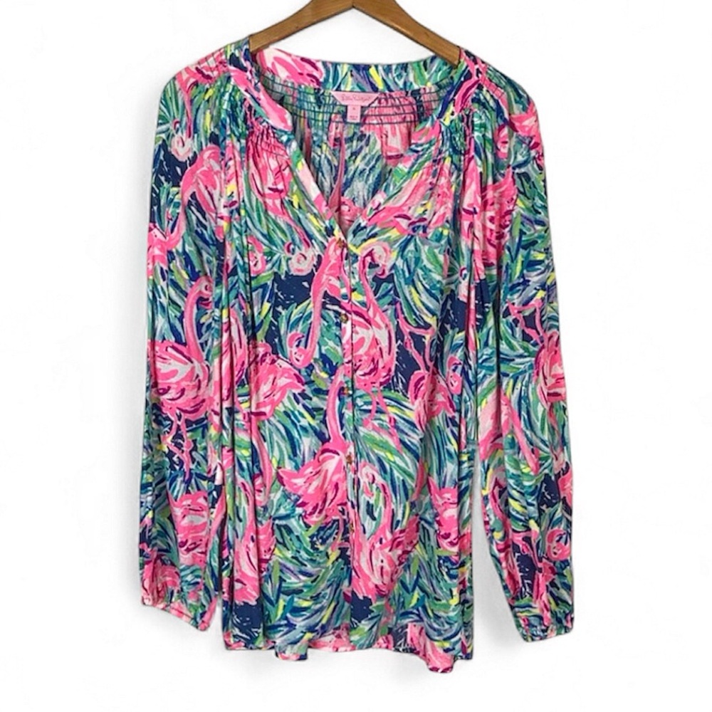 Lilly Pulitzer XL Elsa Button Front Blouse Flamenco Beach Flamingo